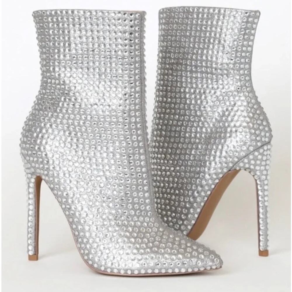 STEVE MADDEN silver gray sparkle rhinestone shiny Winnings mid calf heeled boots